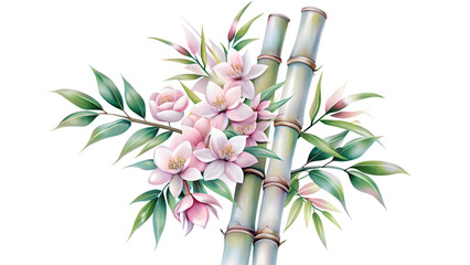 Bamboo twig against a white isolated background in pastel spring colors in watercolor style.