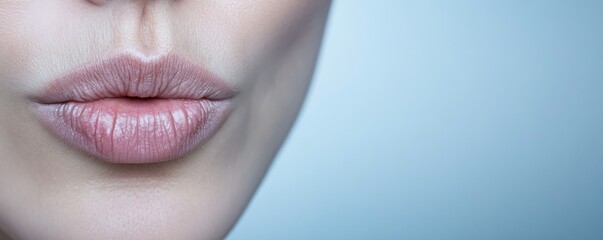 Close-up action of pouty lips in soft blue tones studio setting beauty focus