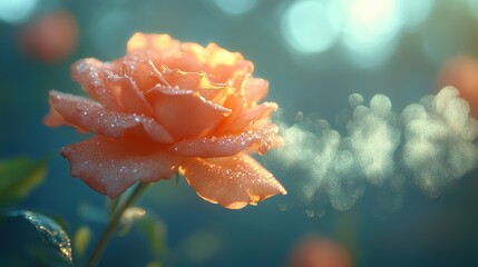Close-up of a Lush Pink Rose Covered in Morning Dew with Soft Focused Background Highlighting Nature's Elegant Beauty and Subtle Serenity