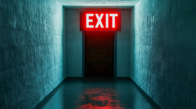Dark corridor with illuminated red exit sign above doorway