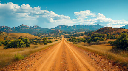 Serene mountain landscape with rustic dirt road under clear blue sky