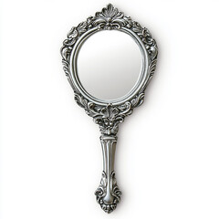 Ornate Hand Mirror with a Silver Frame - Isolated on a White Background