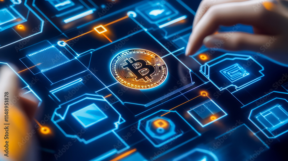 Poster digital currency concept with bitcoin graphics on futuristic interface