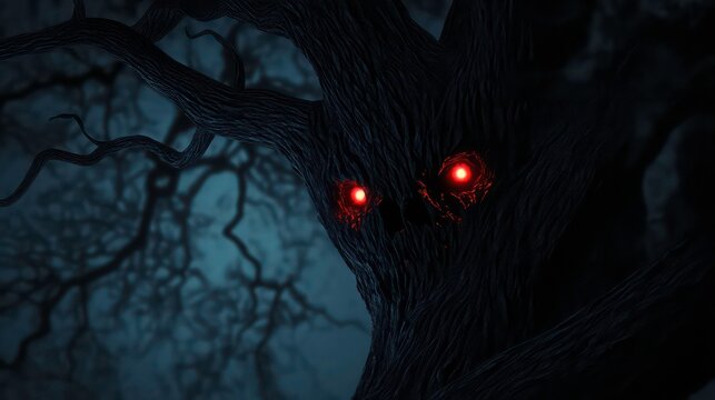Spooky tree with glowing red eyes in dark forest at night.