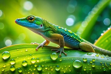 Fototapeta premium Dew-Kissed Lizard: Panoramic Macro Photography of Tiny Reptile on Leaf