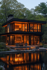 Fototapeta premium Vue Extérieure d’une Maison Moderne au Bord de l’Eau avec Fenêtres du Sol au Plafond, Design Épuré, Terrasse Spacieuse et Mobilier Extérieur, Mélange Parfait de Luxe et Nature
