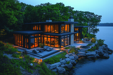 Obraz premium Vue Extérieure d’une Maison Moderne au Bord de l’Eau avec Fenêtres du Sol au Plafond, Design Épuré, Terrasse Spacieuse et Mobilier Extérieur, Mélange Parfait de Luxe et Nature