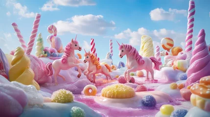 Three pink unicorns frolic in a whimsical candy landscape under a bright blue sky.