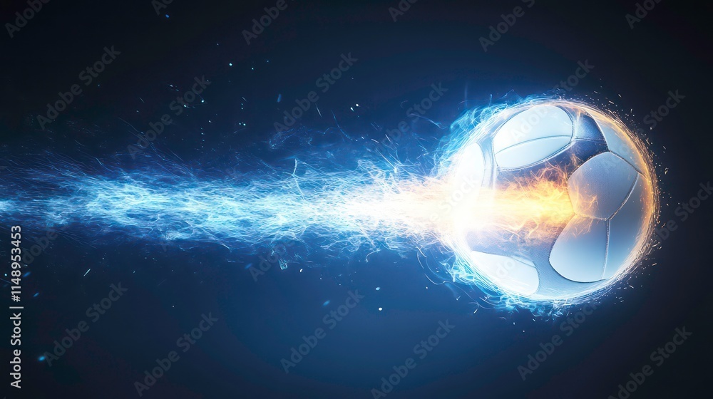 Poster fiery soccer ball with blue flames trailing behind it on a dark background.