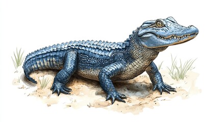 Obraz premium A detailed illustration of a prehistoric crocodilian-like creature on a sandy surface.