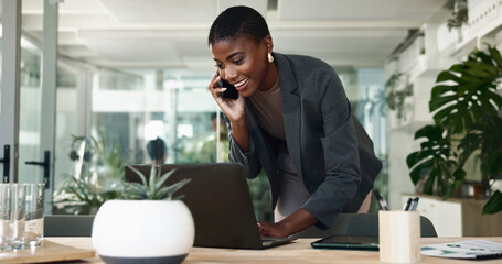 Black woman, phone call and typing on laptop in office, schedule meeting and talking to client....