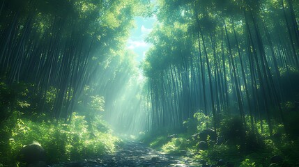 Obraz premium Sunbeams illuminate a serene bamboo forest path.