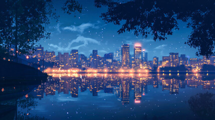 Obraz premium Night cityscape with reflected skyline and starry sky over calm water