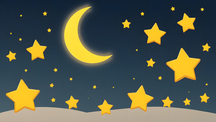 Night Sky Dreamscape: A charming cartoon illustration of a crescent moon and twinkling stars against a midnight blue sky, evoking a sense of wonder and tranquility. Perfect for children's books.