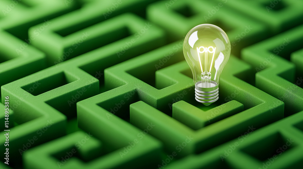 Poster illuminated light bulb in green maze symbolizing innovation and problem solving