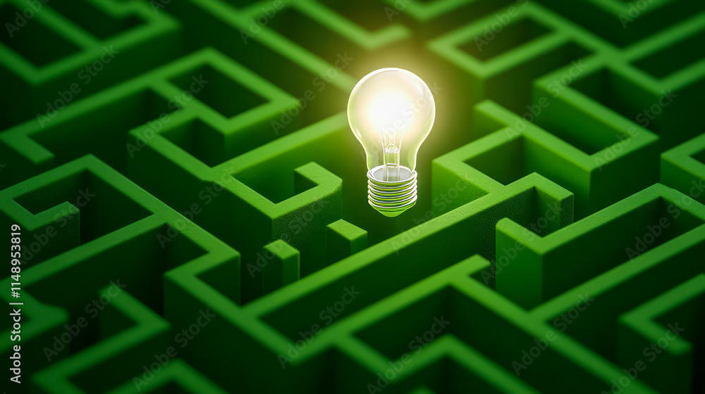 Poster glowing light bulb in green maze signifying innovation and problem solving