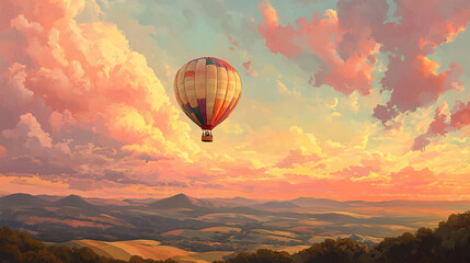 Fototapeta premium Colorful hot air balloon floats serenely over a breathtaking landscape at sunset