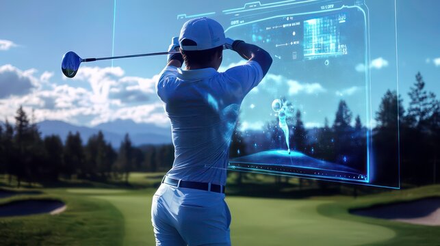 Golfer using augmented reality technology to improve their swing on a golf course.