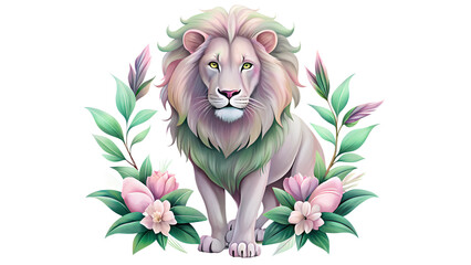 Lion in a floral design against a white isolated background in a watercolor style.