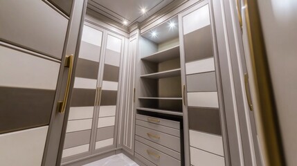 Fototapeta premium Modern walk-in closet with grey and white cabinets, drawers, and shelves.