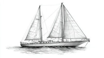 A detailed illustration of a sailing ship with two masts, set against a calm water backdrop.