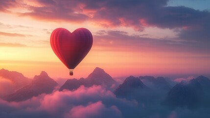 Obraz premium ethereal red heart-shaped balloon soaring above misty mountains at sunset