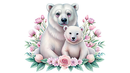 Watercolor illustration of a mother polar bear with her cub in floral design against a white isolated background. Concept: Nature, Wildlife, Motherhood.
