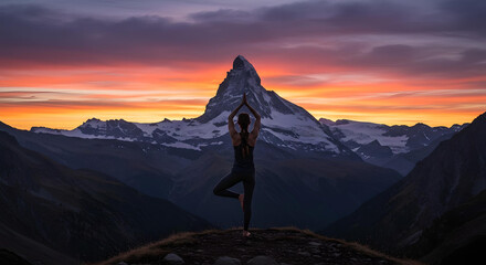 Naklejka premium person practicing yoga in the mountains