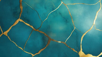 Teal, gold textured surface with cracks filled with shiny gold. Abstract design. Intricate pattern. Elegant background. Modern art. Luxurious shimmer. Close up view of beautiful geometric surface.