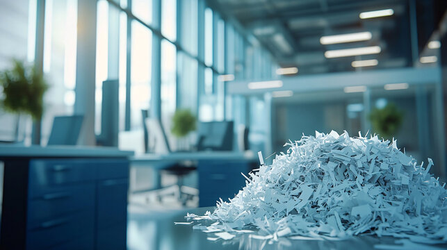Overflowing paper shredder creating a mountain of shredded documents in a modern office space