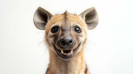 Close-up portrait of a smiling hyena against a white background.