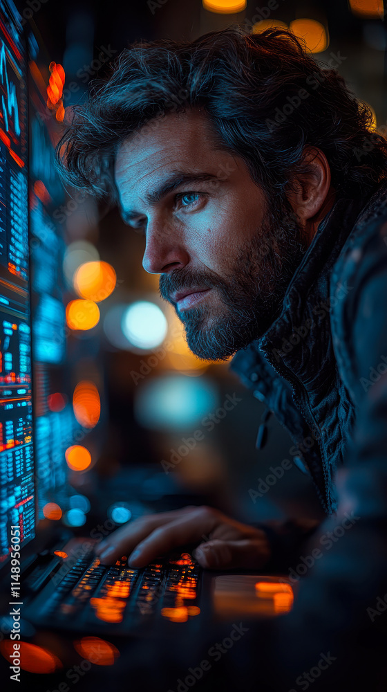 Poster dynamic data analysis in marketing: focused professional with interactive blue analytics
