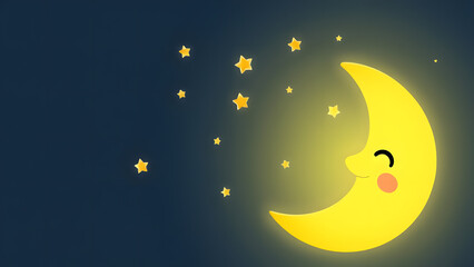 Naklejka premium Smiling Moon and Twinkling Stars: A whimsical illustration of a crescent moon with a smiling face, surrounded by twinkling stars against a dark blue night sky.