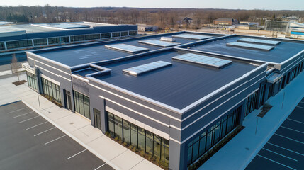 Drone Perspective of a Commercial Shopping Center with TPO Roofing and Skylights, Highlighting Structural Details on a Clear Day