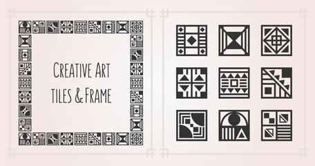 Geometrical black square shape assorted pattern tiles emblems icons set and a border frame design element on pink gradient background