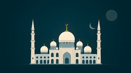 Fototapeta premium Serene Night at the Mosque: A minimalist illustration of a grand mosque under the serene glow of the moon and crescent, evoking tranquility and spirituality. 