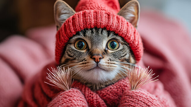Cozy tabby cat in a red knitted hat and sweater staring intently
