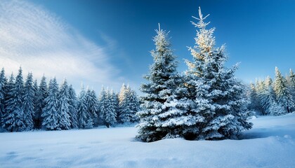 christmas tree in snow in iciness forest