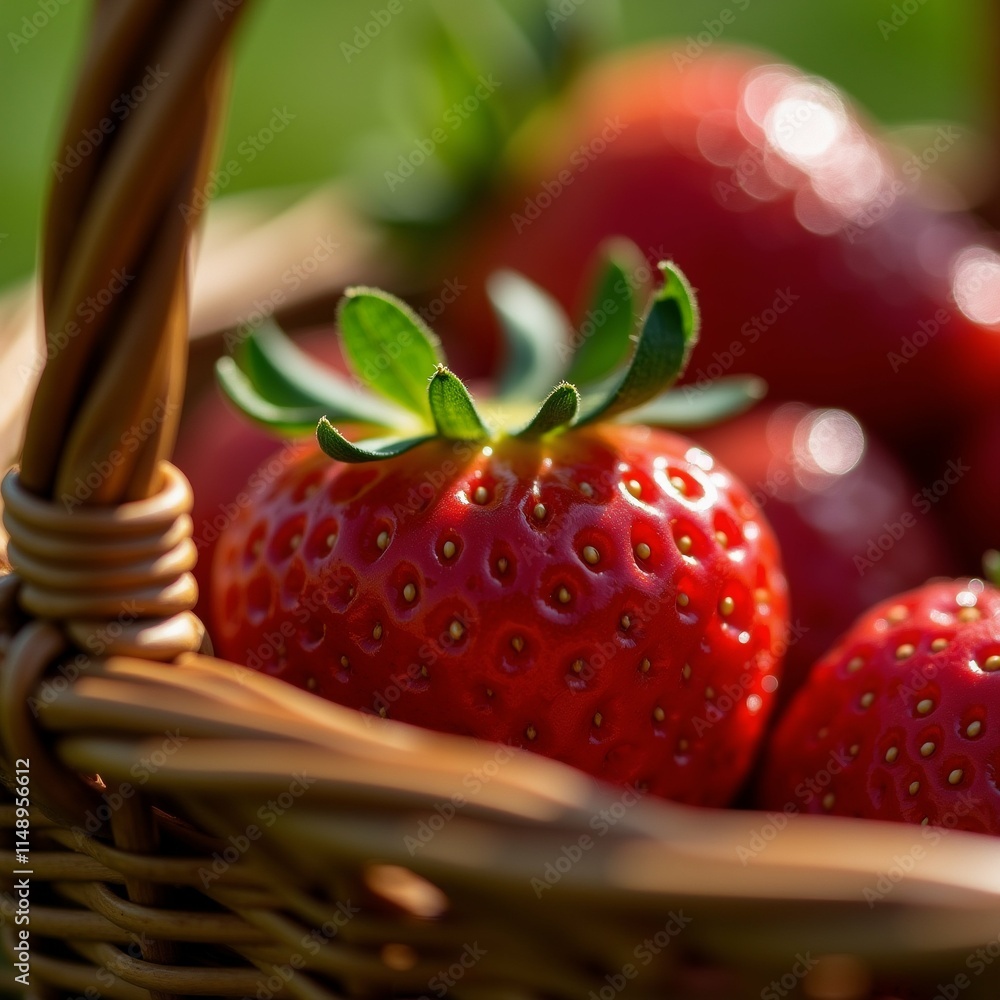 Poster the image is a close-up of a basket of fresh strawberries. the basket is made of woven straw and has