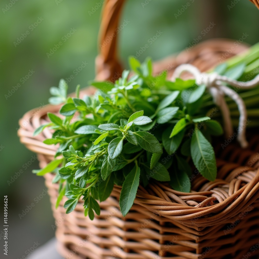 Poster the image is a close-up of a wicker basket filled with fresh green leaves. the basket is placed on a