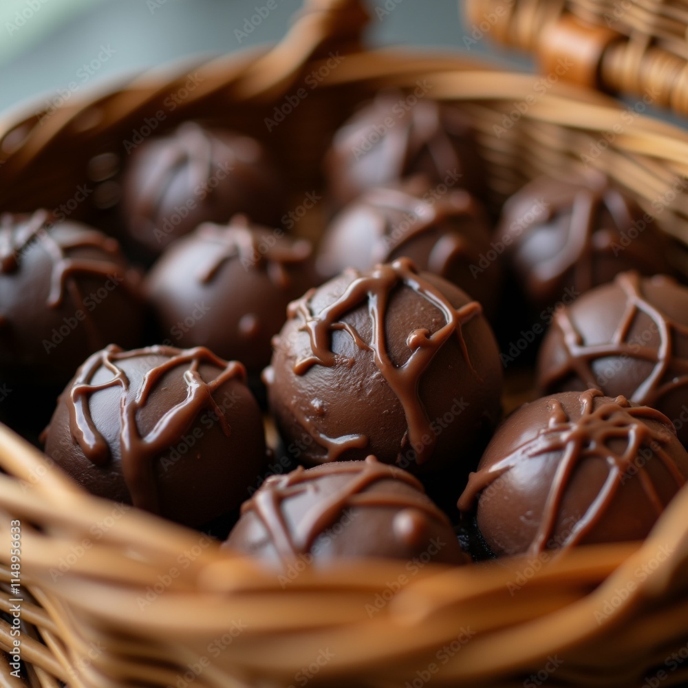 Poster the image shows a basket filled with chocolate truffles. the basket is made of woven straw and has a