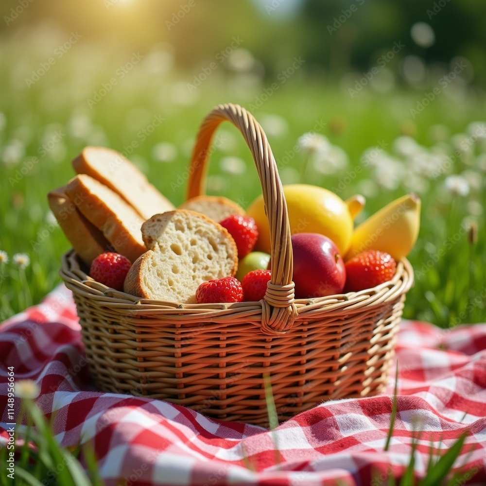 Poster the image shows a basket of fresh fruits and bread on a red and white checkered picnic blanket in a 