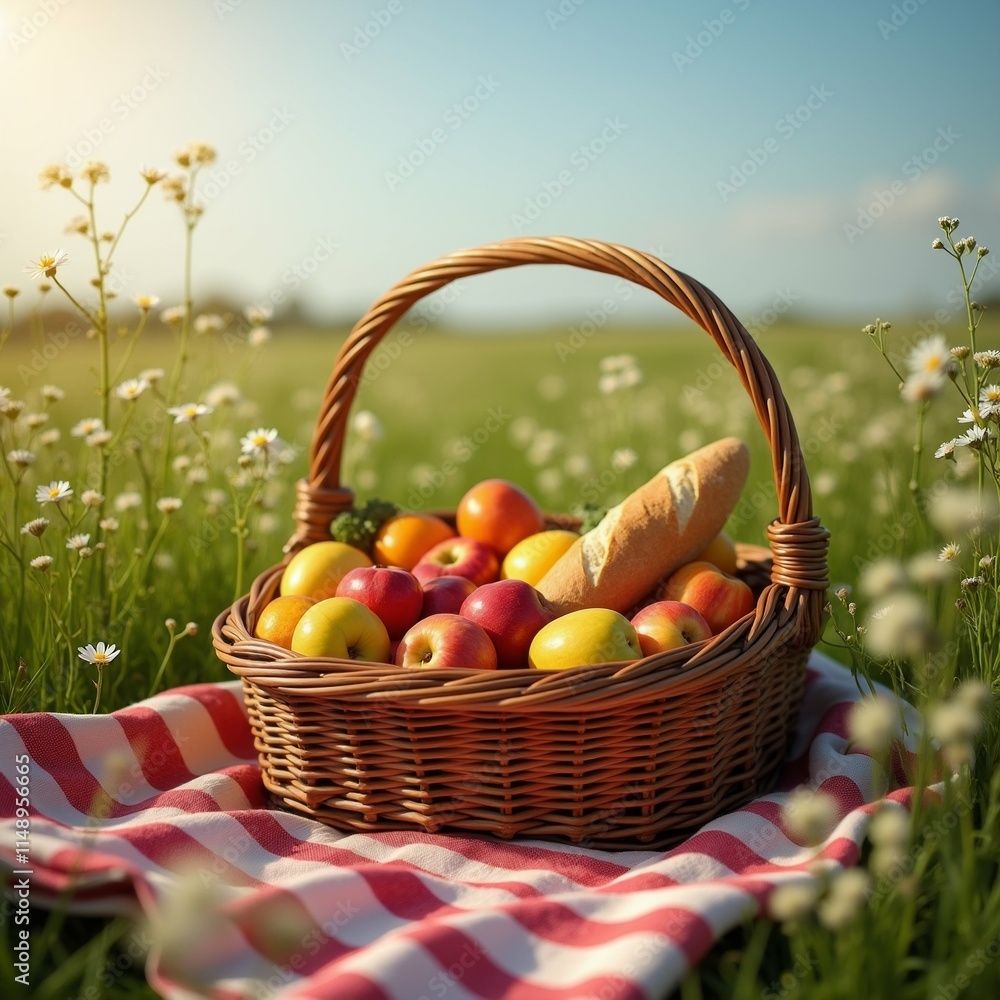 Poster the image shows a basket of fresh fruits and a loaf of bread on a red and white checkered cloth spre