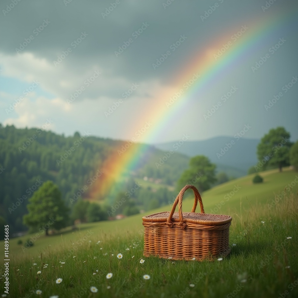 Poster the image shows a beautiful landscape of a green field with a basket on the right side. the basket i