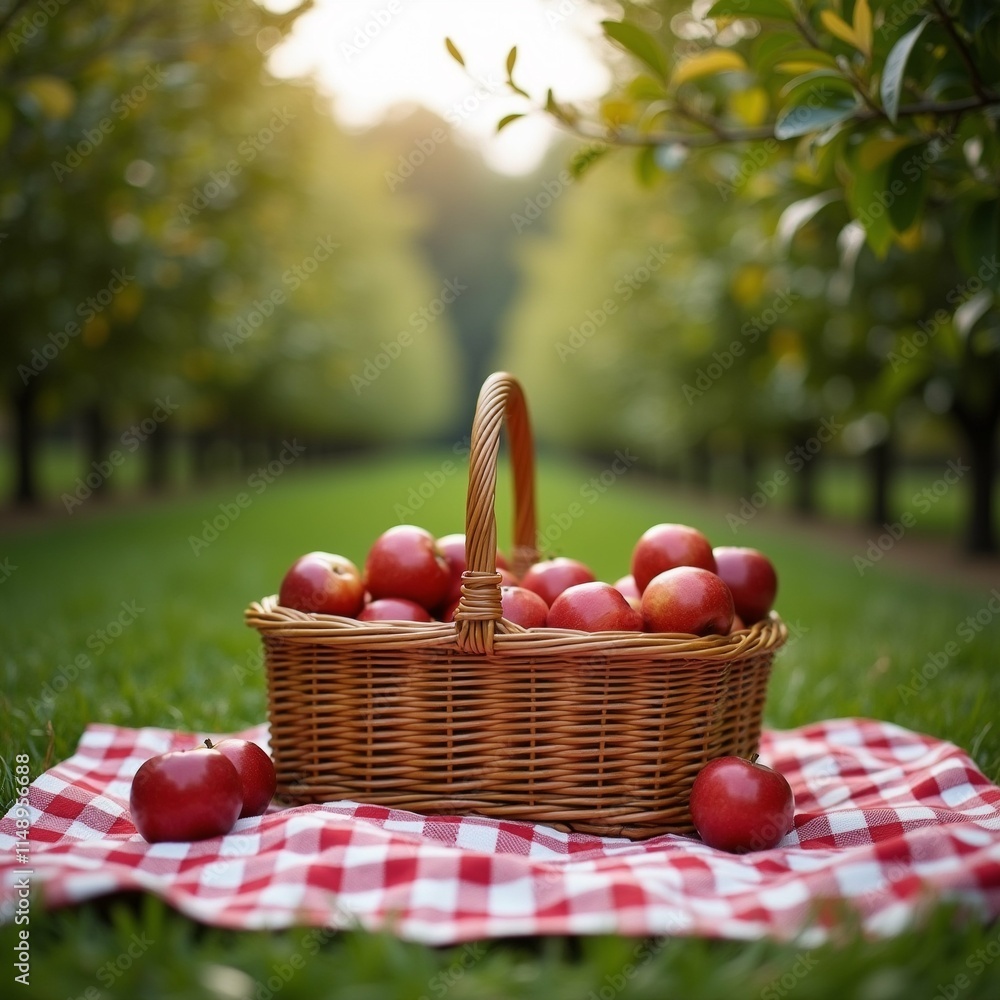 Poster the image shows a basket of red apples on a red and white checkered picnic blanket in an orchard. th
