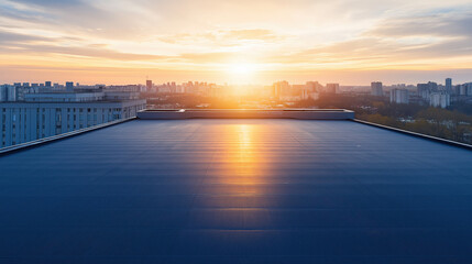 Drone Shot of a Flat EPDM Roof on a Modern Office Building, Surrounded by Urban Landscape Under Bright Sunlight