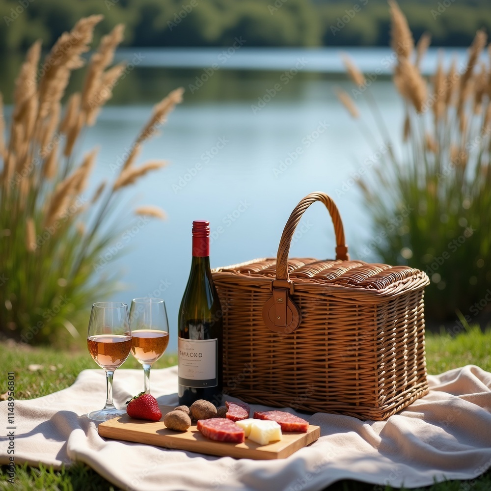 Poster the image shows a picnic set up on a grassy lawn with a lake in the background. on the right side of