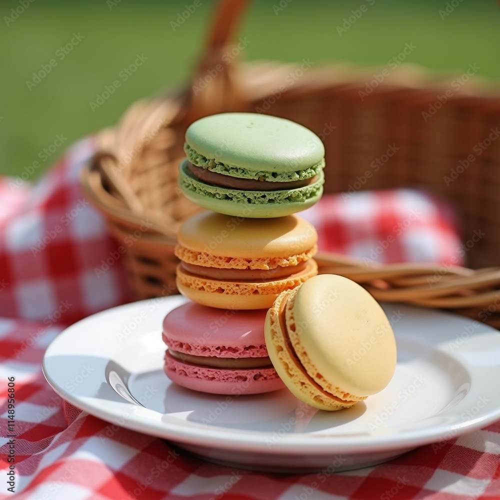 Poster the image shows a stack of colorful macarons on a white plate. the plate is placed on a red and whit