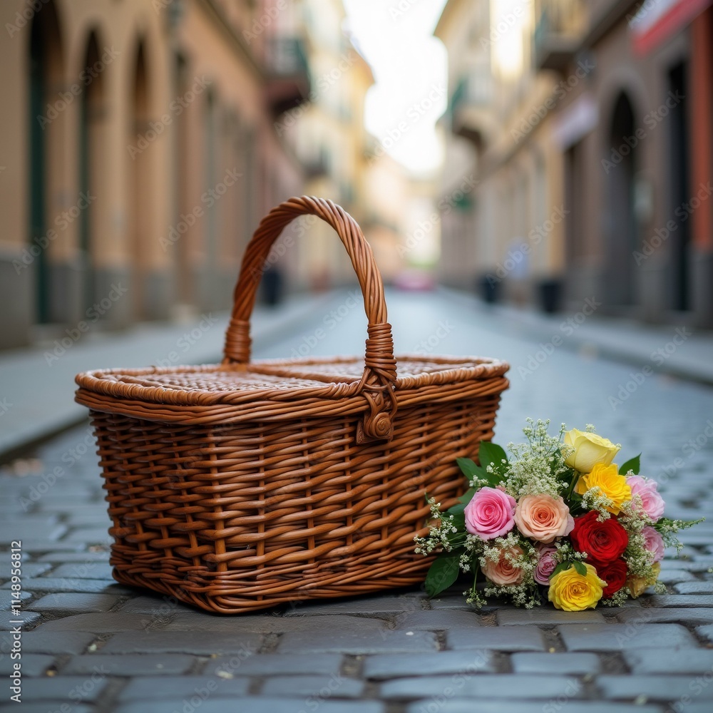 Poster the image shows a wicker basket with a handle on a cobblestone street. the basket is empty and is pl