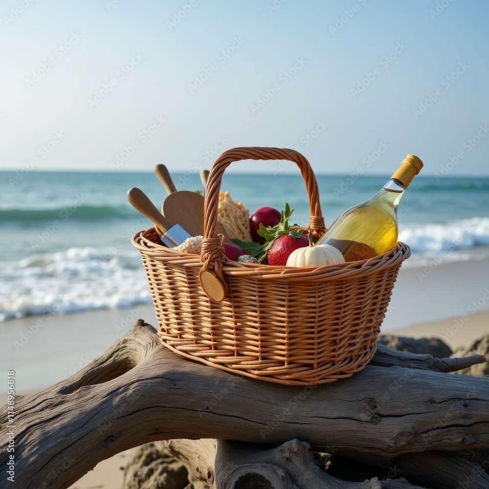 Poster the image shows a wicker basket filled with various items on a beach. the basket is placed on a piec